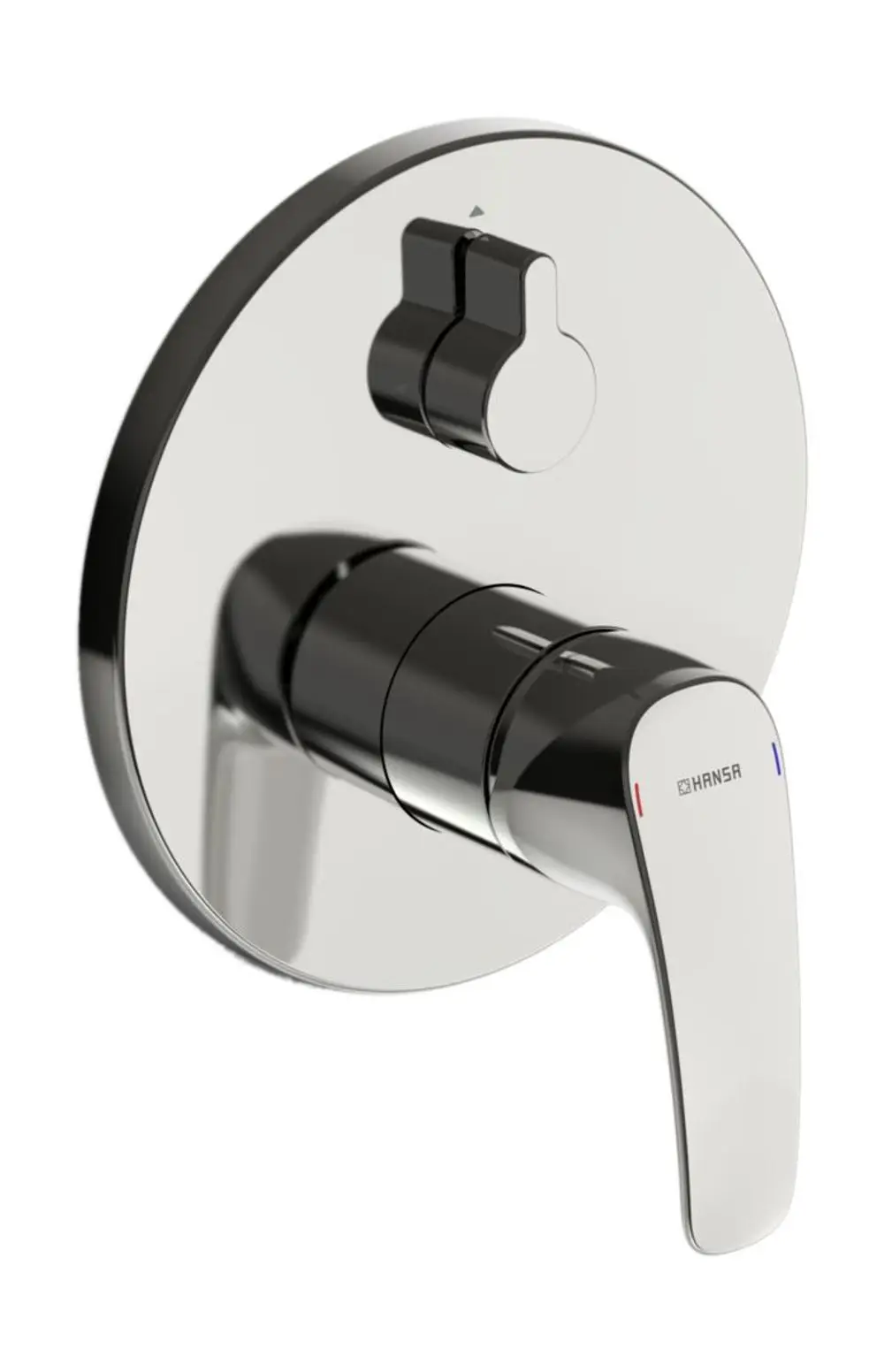 Einhebelmischer mit runder Rosette in Chrom, ausgestattet mit einem Grip für die Temperatur- und Wasserregelung. Marke HANSA, modern und funktional gestaltet.